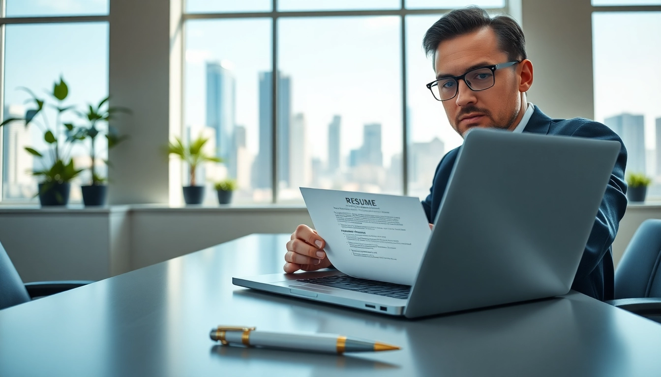 Headhunter Hagen bei der Arbeit an einem eleganten Schreibtisch mit Laptop und Lebenslauf.