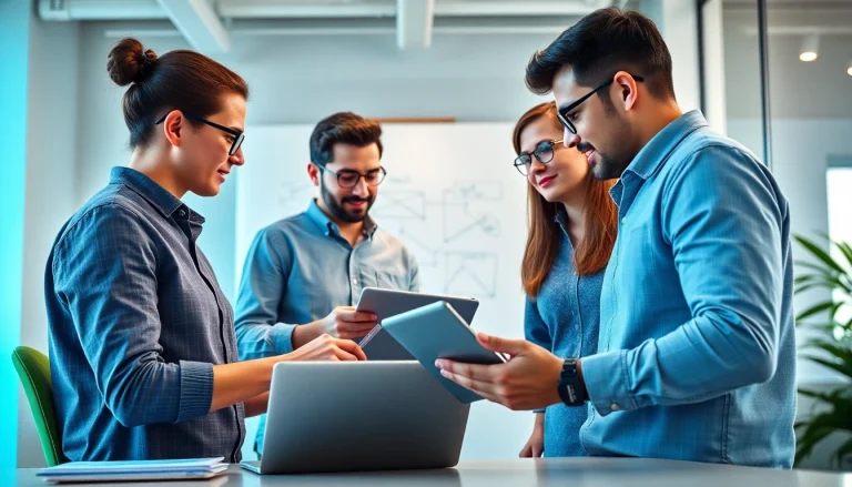 Showcasing website design and seo companies collaborating on innovative projects in a modern office.