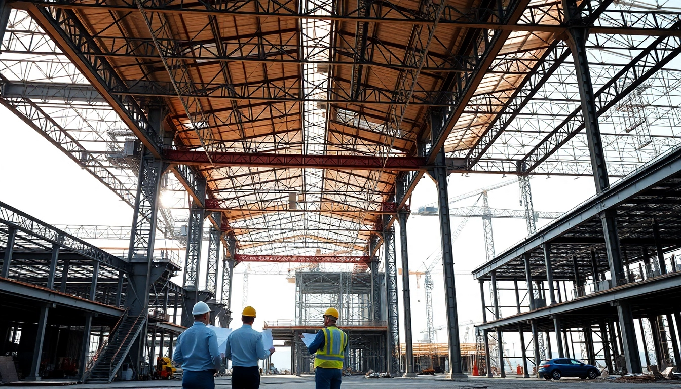 Visual representation of steel structure design highlighting framework and workers reviewing blueprints.